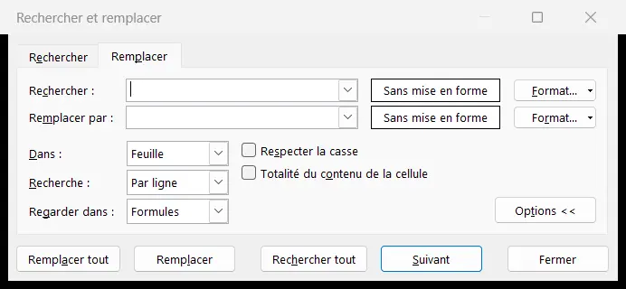 Fenêtre Rechercher et remplacer ouverte sur l’onglet Remplacer, options dépliées, avec la case Respecter la casse sous le champ Remplacer par