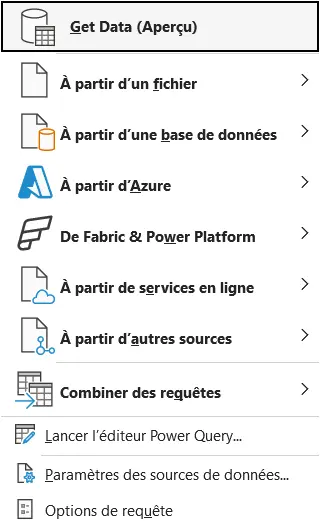 Menu Obtenir des données ouvert, avec À partir d’un fichier, À partir d’autres sources, Combiner des requêtes et Lancer l’éditeur Power Query.