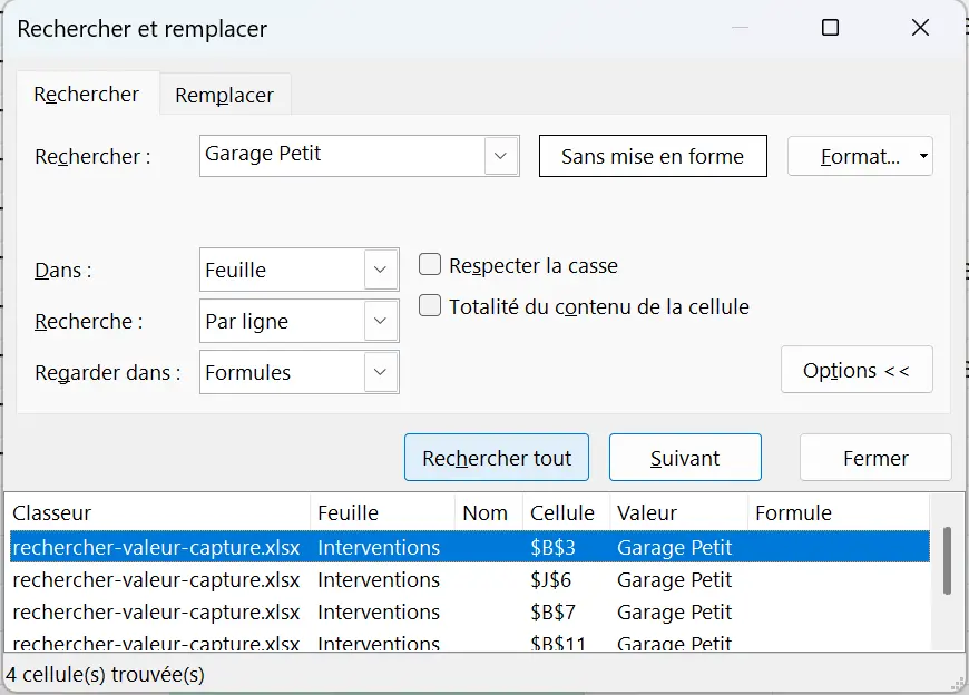 La fenêtre Rechercher et remplacer, options dépliées, le champ Dans réglé sur Feuille, et la liste des quatre cellules trouvées avec leurs adresses $B$3, $J$6, $B$7 et $B$11