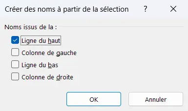 La fenêtre Créer des noms à partir de la sélection, avec la seule case Ligne du haut cochée