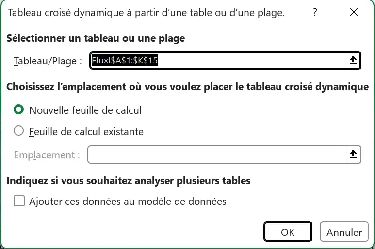 La boîte Créer un tableau croisé dynamique, avec la plage A1:K15 déjà inscrite