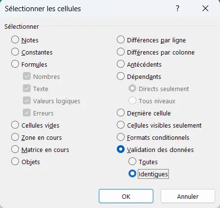 La boîte Sélectionner les cellules, avec le bouton Validation des données coché dans la colonne de droite et Identiques coché juste en dessous