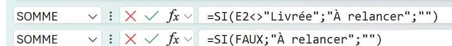 La barre de formule de I2 en deux temps, =SI(E2<>"Livrée";"À relancer";"") puis, après F9 sur la portion sélectionnée, =SI(FAUX;"À relancer";"")