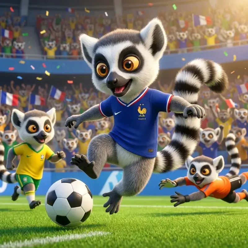 Des lémuriens du Dojo en plein match de foot dans un stade, ambiance Coupe du monde