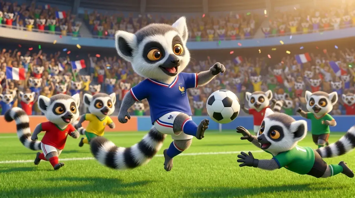 Des lémuriens du Dojo en plein match de foot dans un stade, ambiance Coupe du monde
