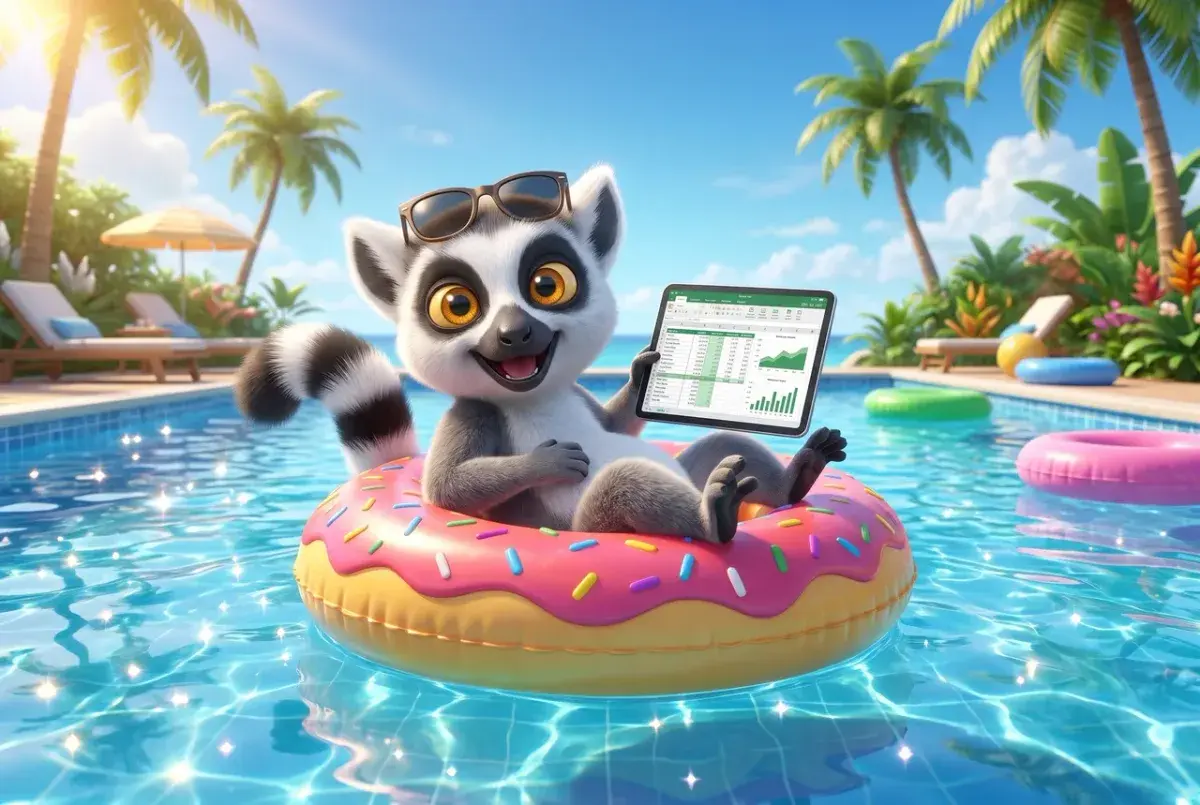 Mascotte lémurien du Dojo sur une bouée dans une piscine, suivant un cours Excel sur sa tablette, une image de la flexibilité du e-learning