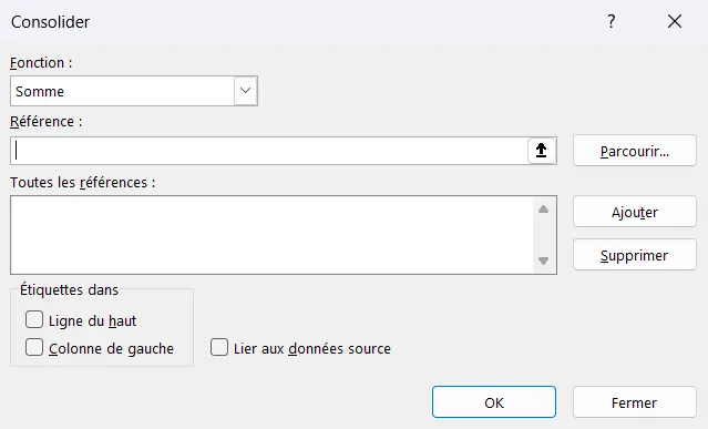 Boîte de dialogue Consolider avec la fonction Somme, le champ Référence, la liste Toutes les références et les cases Ligne du haut et Colonne de gauche.