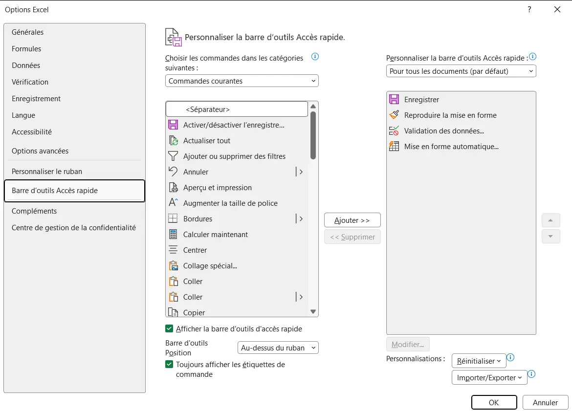 Fenêtre Options Excel ouverte sur Barre d’outils Accès rapide, avec la liste Choisir les commandes dans les catégories suivantes et le bouton Ajouter