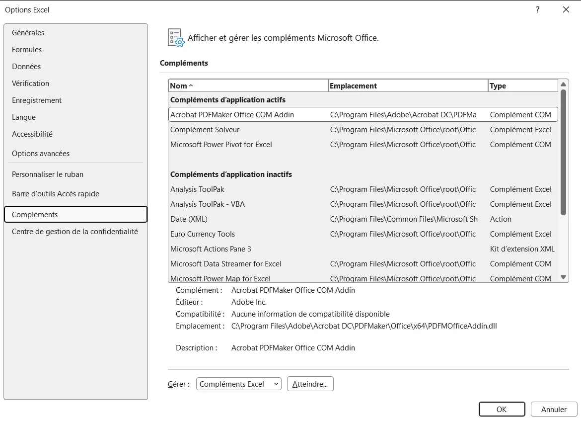 Page Compléments des options d’Excel, avec la liste des compléments actifs et inactifs, la liste Gérer et le bouton Atteindre en bas