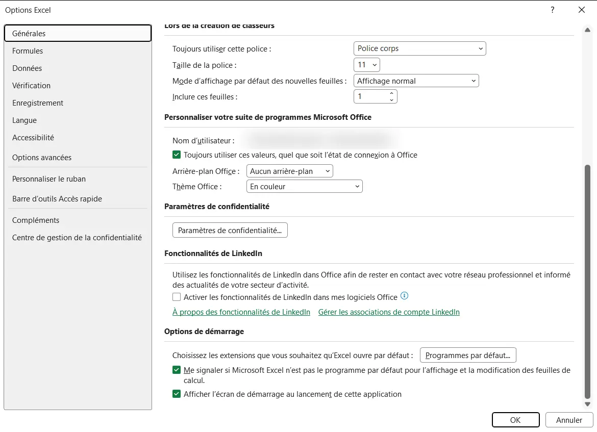 Fenêtre Options Excel ouverte sur Générales, avec le champ Nom d’utilisateur, flouté, et la case Toujours utiliser ces valeurs, quel que soit l’état de connexion à Office