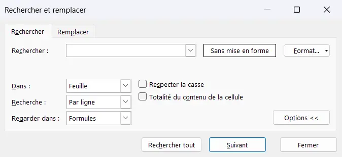 Fenêtre Rechercher et remplacer, options ouvertes, avec le bouton Format à droite et le bouton Rechercher tout en bas