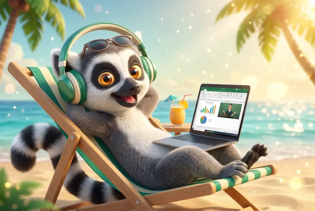 Lémurien mascotte du Dojo sur un transat à la plage, casque sur les oreilles, suivant un cours Excel en ligne, une image de la flexibilité de la formation à distance
