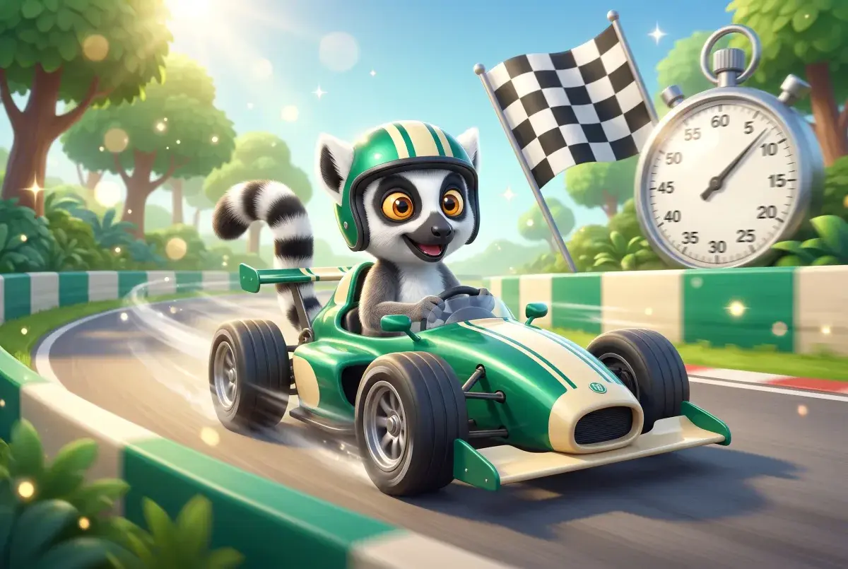 Lémurien mascotte du Dojo au volant d'une voiture de course avec chronomètre et drapeau à damier, illustrant la durée d'une formation Excel
