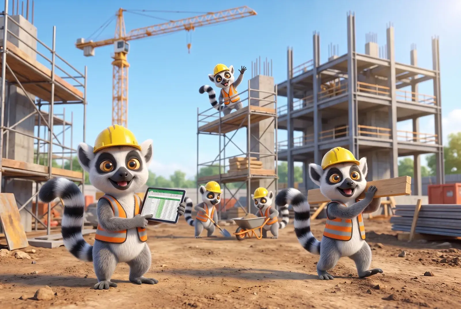 Illustration : des lémuriens du Dojo sur un chantier consultent un tableur Excel sur tablette