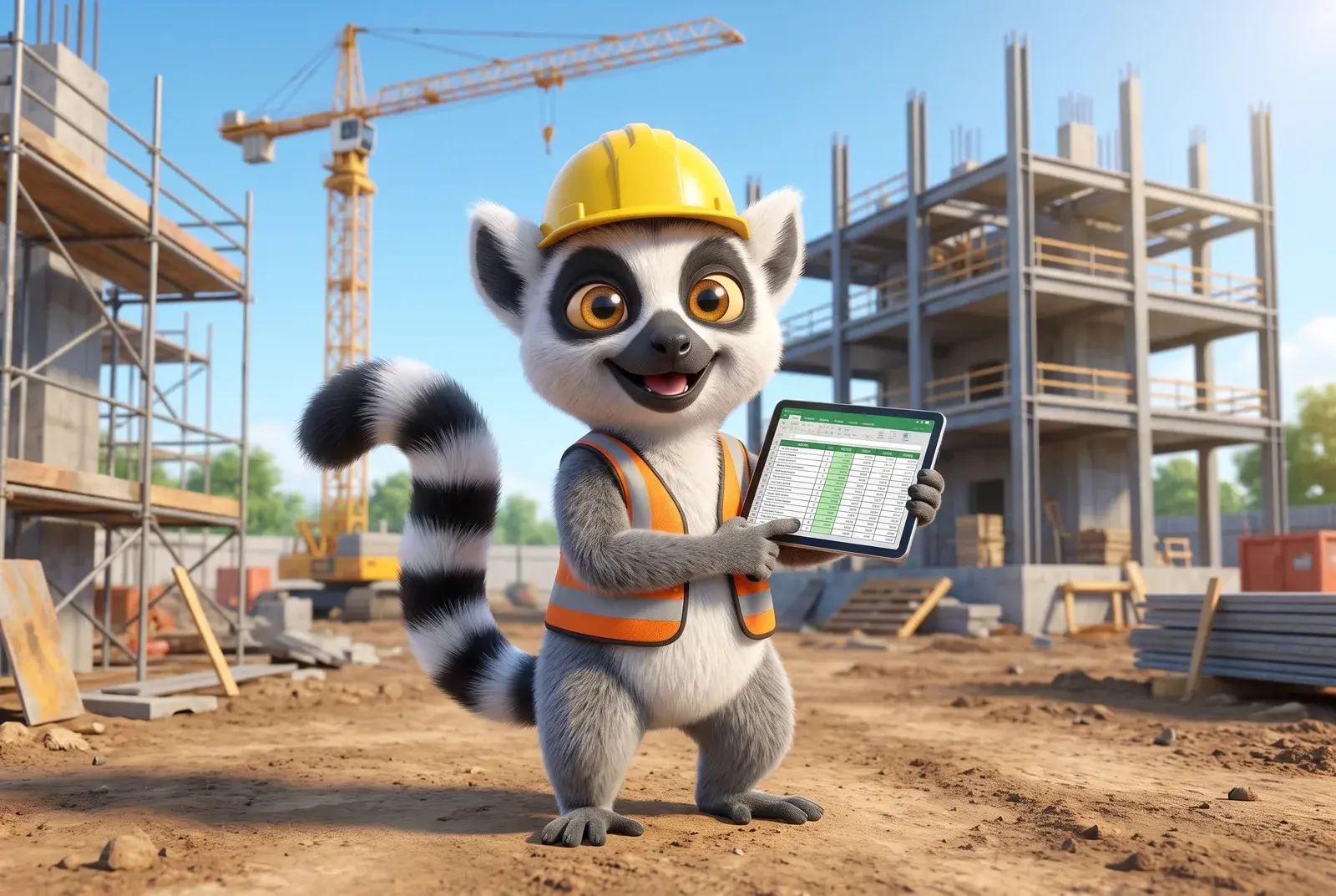 Mascotte lémurien du Dojo sur un chantier, casque sur la tête et tableur sur tablette, illustrant la mise en situation métier d'un exercice