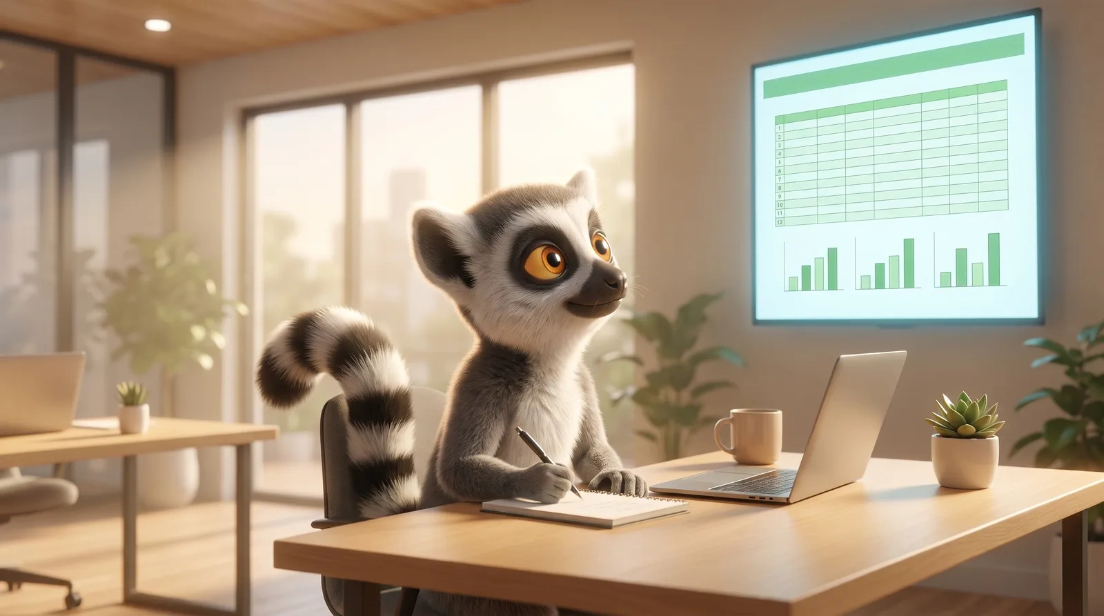 Lucas, la mascotte lémurien du Dojo, apprend Excel à son bureau face à un écran affichant un tableur et des graphiques verts