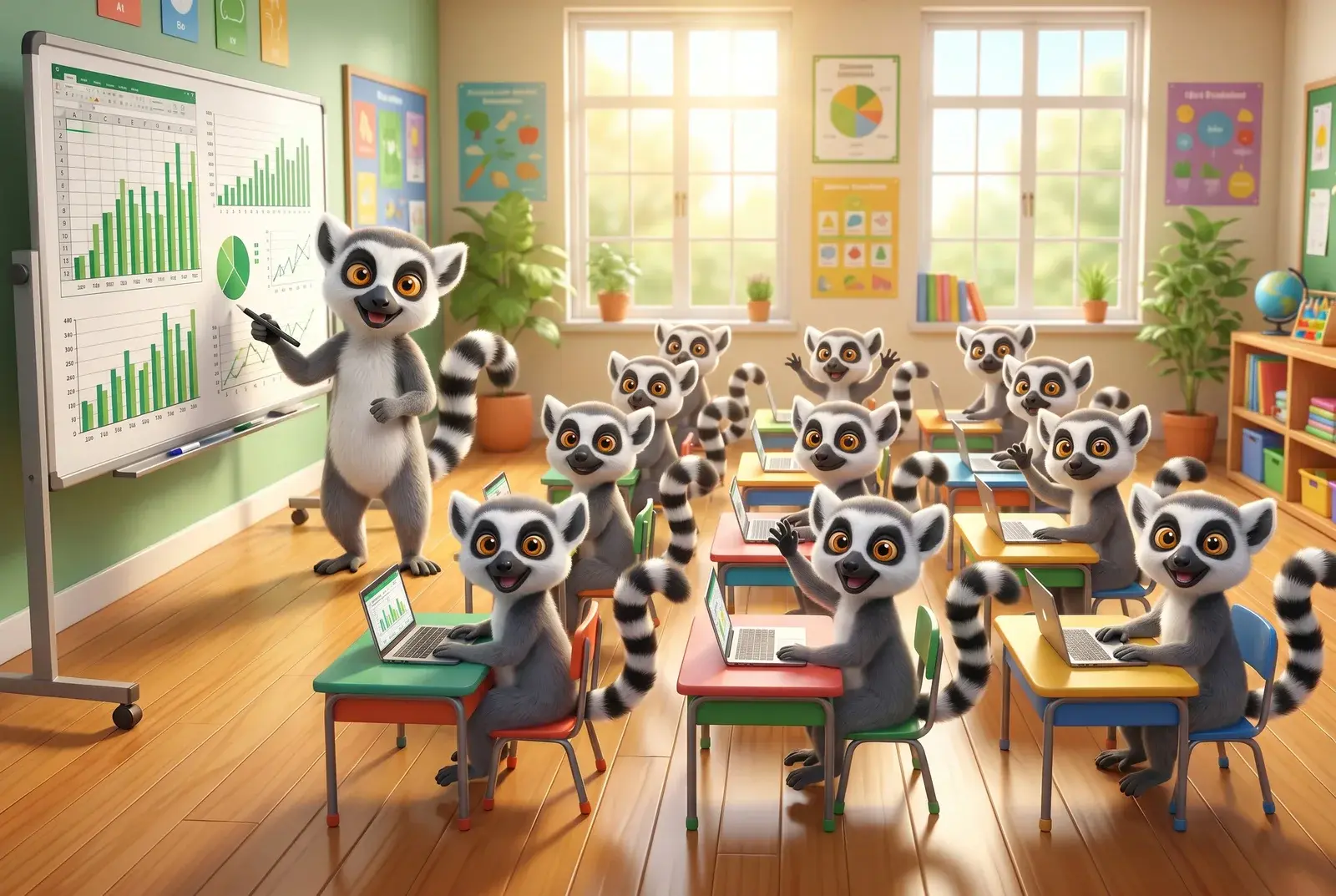 Illustration : une classe de lémuriens du Dojo en formation Excel devant un tableau de graphiques