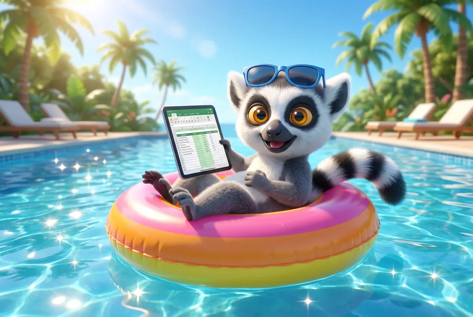 Mascotte lémurien du Dojo sur une bouée dans une piscine avec un tableur sur tablette, illustrant le récapitulatif final en toute détente