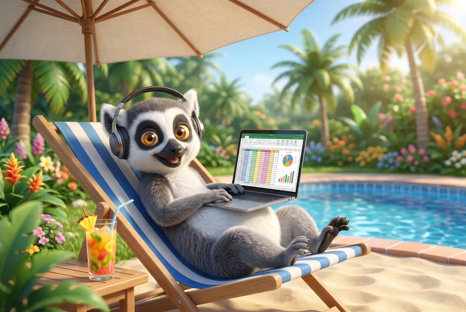 Illustration : un lémurien du Dojo suit une formation Excel à distance, installé sur un transat au bord de la piscine