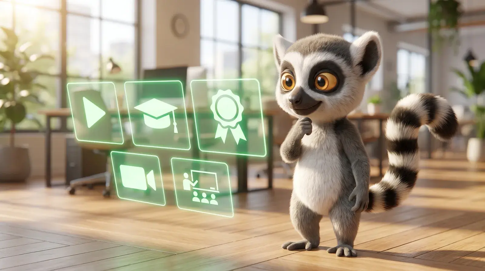 Lucas, la mascotte lémurien du Dojo, choisit parmi plusieurs formats de formation Excel affichés en hologrammes verts (vidéo, diplôme, certification, visio, présentiel)