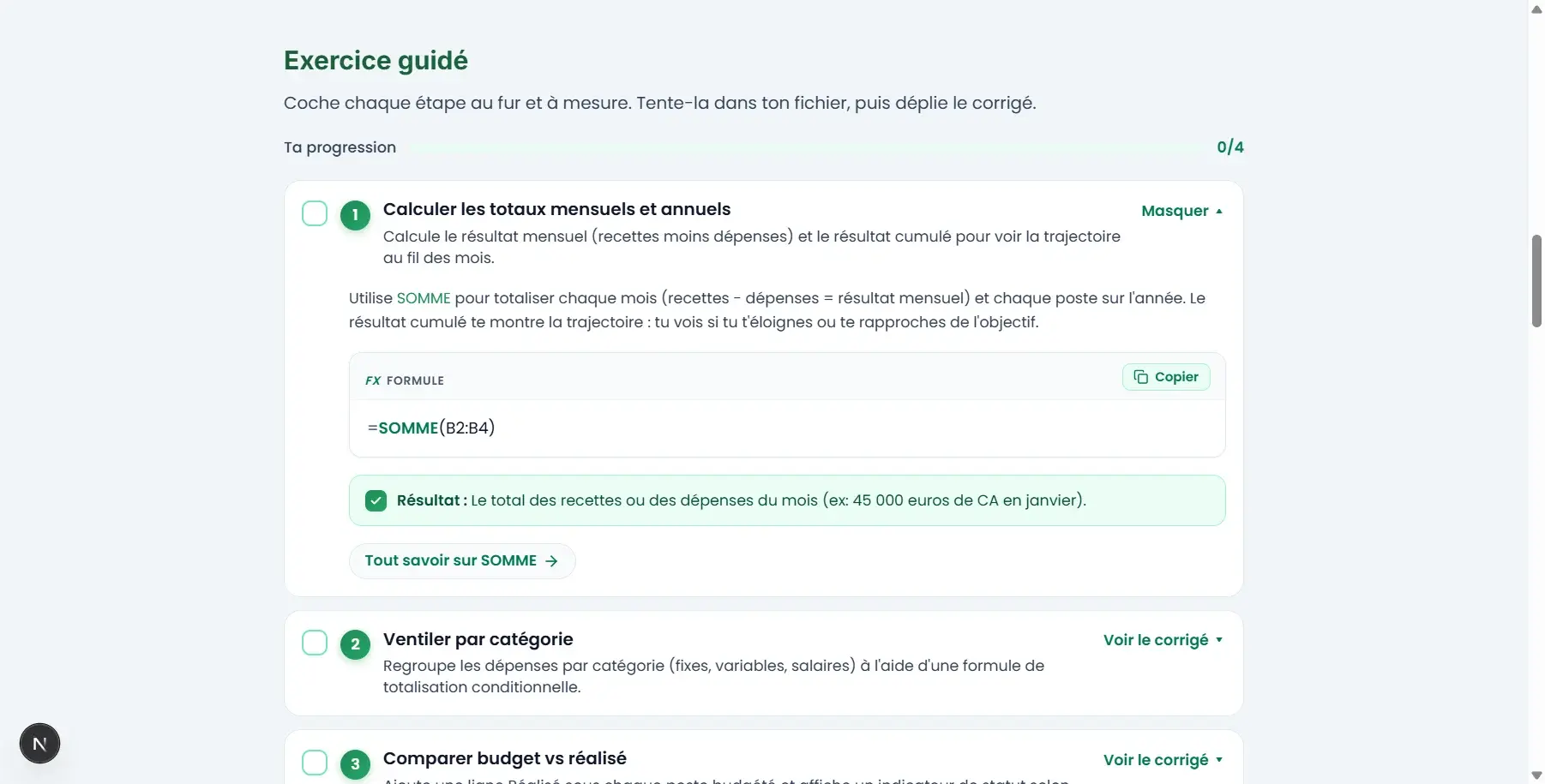 Exercice guidé du Dojo sur le budget prévisionnel : étapes à cocher et corrigé déplié avec la formule =SOMME(B2:B4)