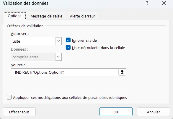Fenêtre Validation des données d’Excel, onglet Options, avec Liste dans Autoriser et la formule INDIRECT sur le tableau Options dans Source