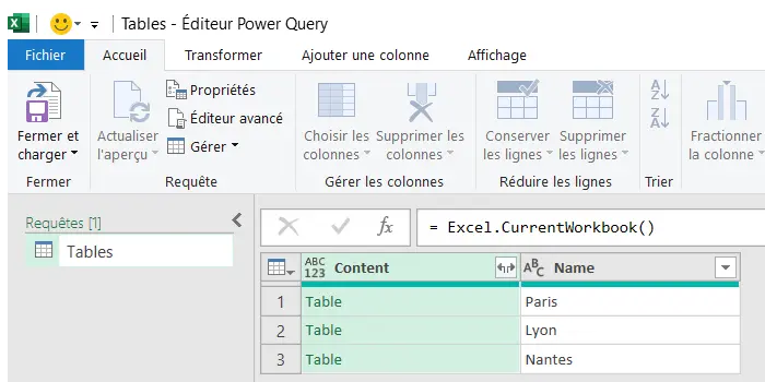 Éditeur Power Query avec la formule = Excel.CurrentWorkbook() et la liste des tableaux Paris, Lyon et Nantes, en colonnes Content et Name.