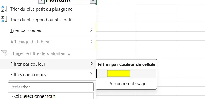 Menu du filtre de la colonne Montant, ouvert sur Filtrer par couleur, qui propose le jaune et Aucun remplissage sous Filtrer par couleur de cellule