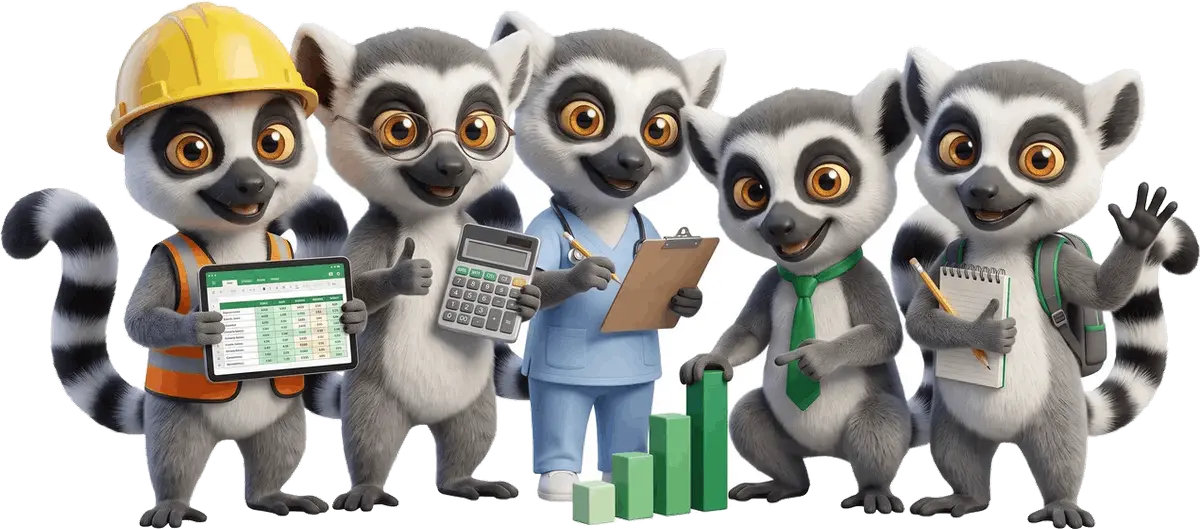 Cinq mascottes lémuriens du Dojo incarnant différents métiers (BTP, comptable, soignant, commercial, étudiant) qui utilisent Excel