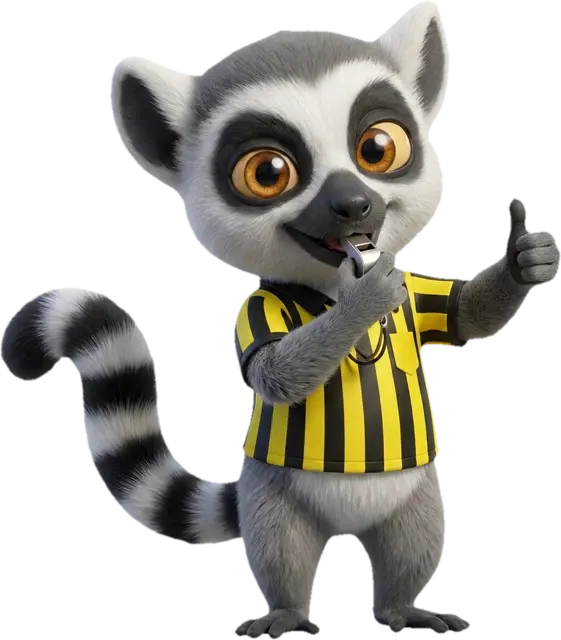 Mascotte lémurien du Dojo en arbitre, sifflet en main, prête à rendre son verdict