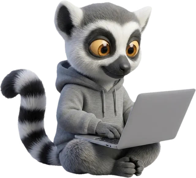 Lucas, la mascotte du Dojo, en sweat à capuche, étudie sur son ordinateur portable