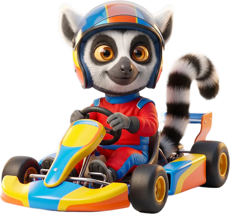 Mascotte du Dojo au volant d'un kart de course, fonçant vers le niveau avancé