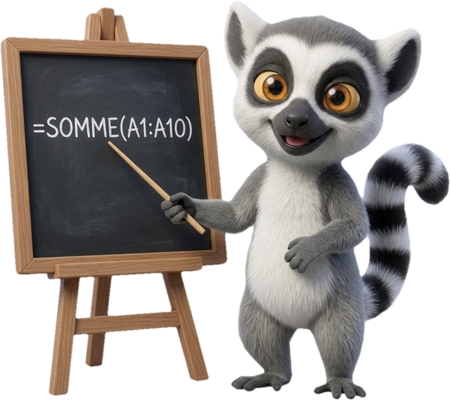 Lucas, la mascotte du Dojo, présente une formule Excel sur un tableau