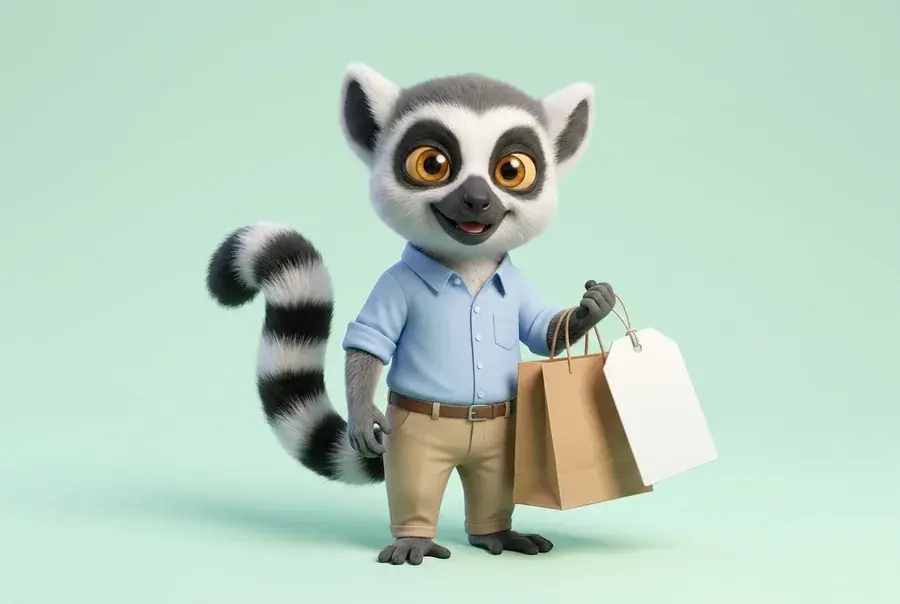 Mascotte lémurien du Dojo en tenue d'acheteur (business-casual) tenant un sac d'achat et une étiquette de prix, sur fond vert clair