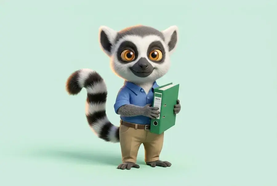 Mascotte lémurien du Dojo en tenue d'assistant administratif tenant un classeur étiqueté, sur fond vert clair