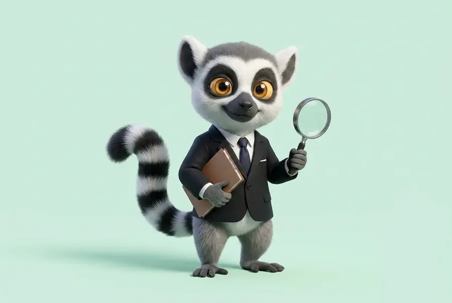 Mascotte lémurien du Dojo en tenue d'auditeur (costume) tenant un dossier et une loupe, sur fond vert clair