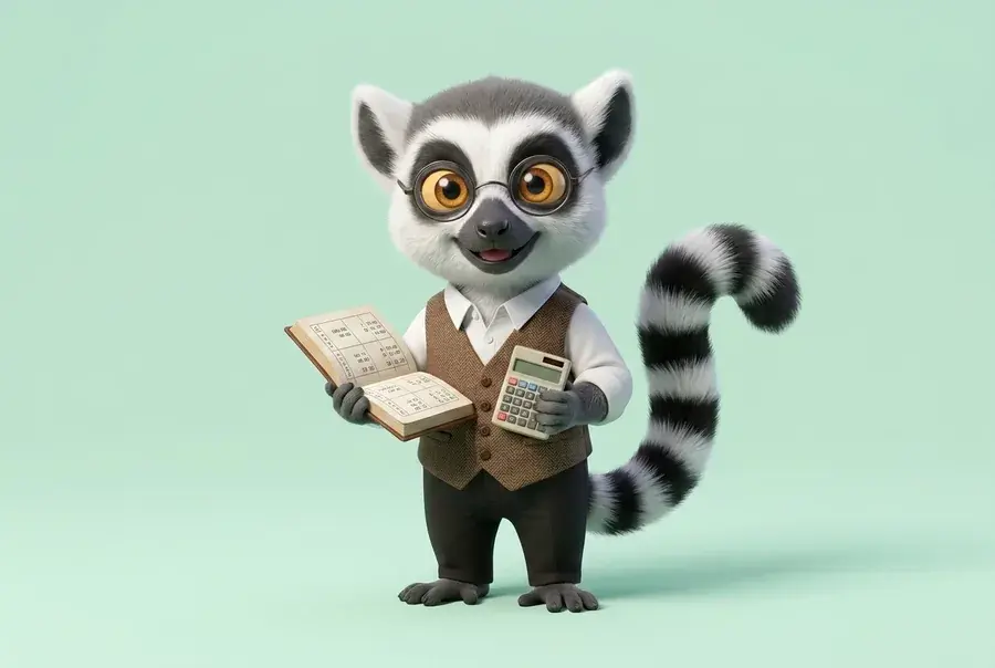 Mascotte lémurien du Dojo en tenue de comptable (chemise, gilet, lunettes) tenant un grand livre et une calculatrice, sur fond vert clair