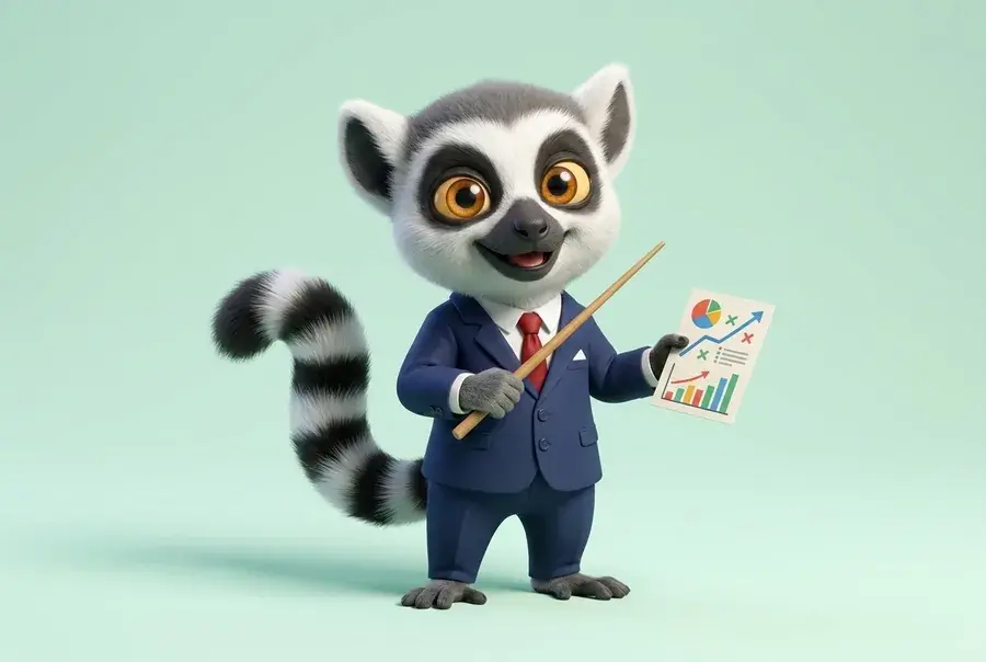 Mascotte lémurien du Dojo en tenue de consultant (costume) tenant un pointeur et une carte de stratégie, sur fond vert clair