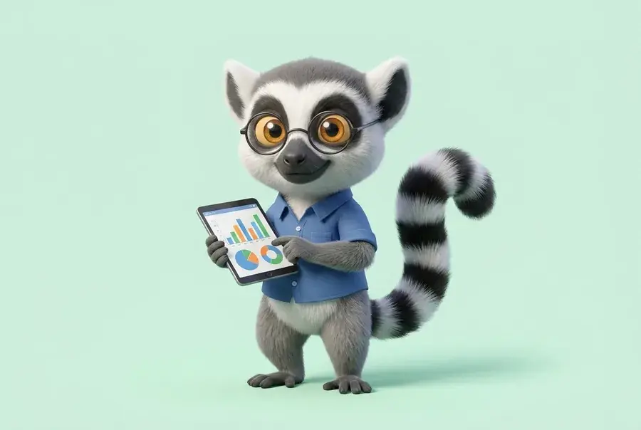 Mascotte lémurien du Dojo en tenue de data analyst (chemise, lunettes) tenant une tablette avec graphiques, sur fond vert clair