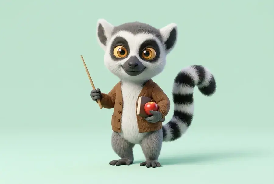 Mascotte lémurien du Dojo en tenue d'enseignant (cardigan) tenant un pointeur, un livre et une pomme, sur fond vert clair