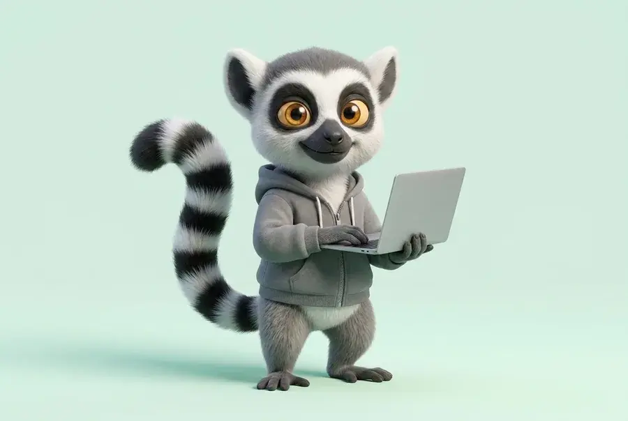 Mascotte lémurien du Dojo en tenue de freelance (hoodie décontracté) tenant un ordinateur portable, sur fond vert clair