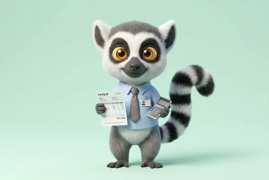 Mascotte lémurien du Dojo en tenue de gestionnaire de paie tenant un bulletin de salaire et une calculatrice, sur fond vert clair
