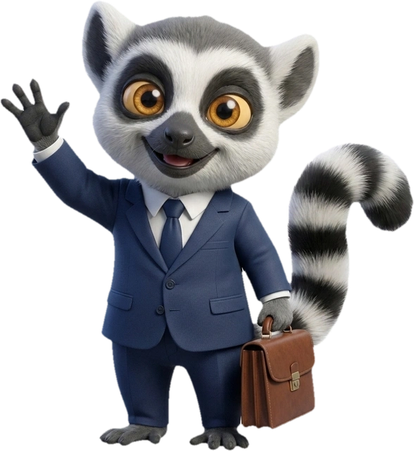 Mascotte lémurien du Dojo en costume, mallette de travail dans une main et l'autre levée pour dire coucou, prête à t'aider à maîtriser Excel dans ton métier