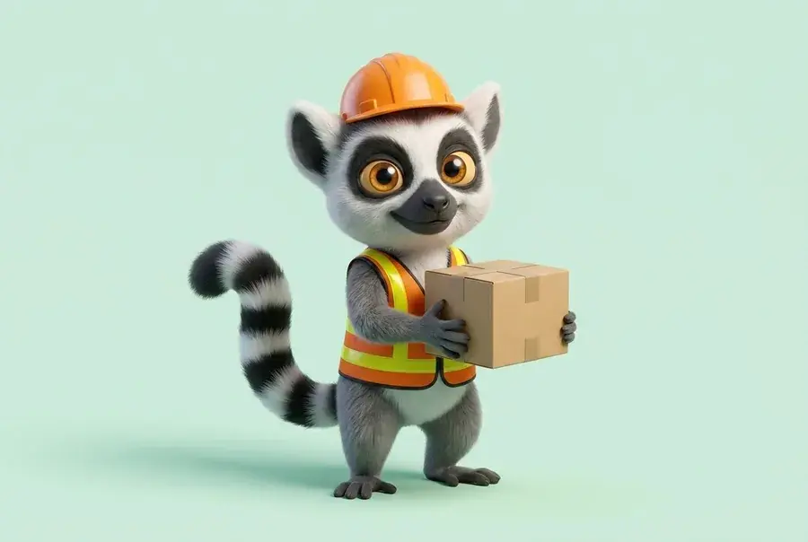 Mascotte lémurien du Dojo en tenue de logisticien (gilet haute visibilité, casque) tenant un colis, sur fond vert clair