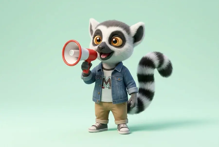 Mascotte lémurien du Dojo en tenue de marketeur (look tendance) tenant un mégaphone, sur fond vert clair