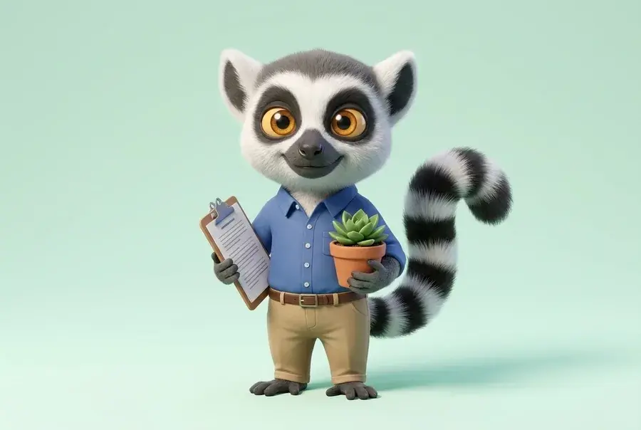 Mascotte lémurien du Dojo en tenue d'office manager (smart-casual) tenant un porte-bloc et une plante, sur fond vert clair