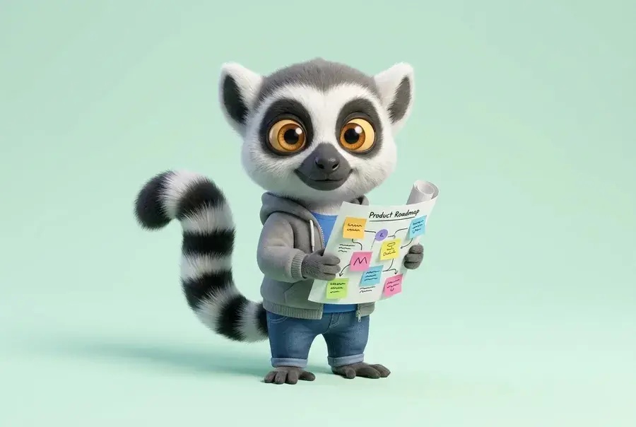 Mascotte lémurien du Dojo en tenue de product manager (look tech) tenant une roadmap avec post-it, sur fond vert clair