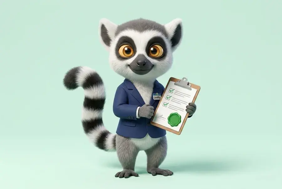Mascotte lémurien du Dojo en tenue de responsable qualité (blazer, badge) tenant une checklist avec sceau vert, sur fond vert clair