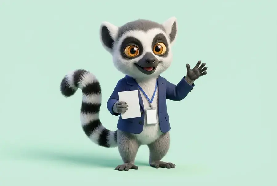 Mascotte lémurien du Dojo en tenue de responsable RH (blazer, badge) tenant un CV, sur fond vert clair