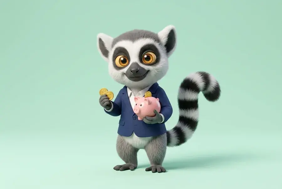 Mascotte lémurien du Dojo en tenue de trésorier (blazer) tenant une tirelire et des pièces, sur fond vert clair